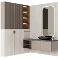 Modern Washbasin Vanity With Oval Mirror Stone Backsplash And Gold Faucet