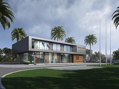 Modern Office Building With Large Glass Facade Surrounded By Palm Trees Lawn And Flagpoles 3d model