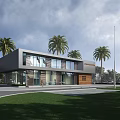 Modern Office Building With Large Glass Facade Surrounded By Palm Trees Lawn And Flagpoles