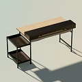 Modern Home Office Desk With Wooden Tabletop Black Metal Frame And Side Storage Shelf
