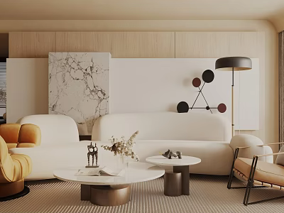 Modern Living Room Interior With White Sofas Yellow Armchair And Marble Accent Panel 3d model