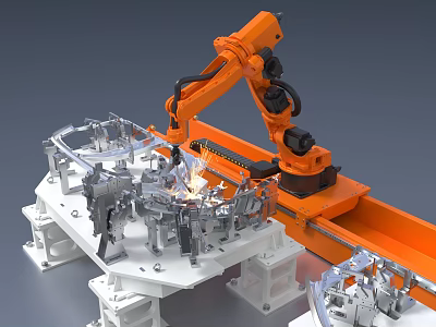 Industrial Robotic Arm Operating On Metal Components With White Base And Sparks 3d model
