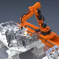 Industrial Robotic Arm Operating On Metal Components With White Base And Sparks