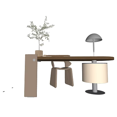 Wooden Desk with Potted Plant Reading Lamp and Chair in Modern Home Office Setup 3d model