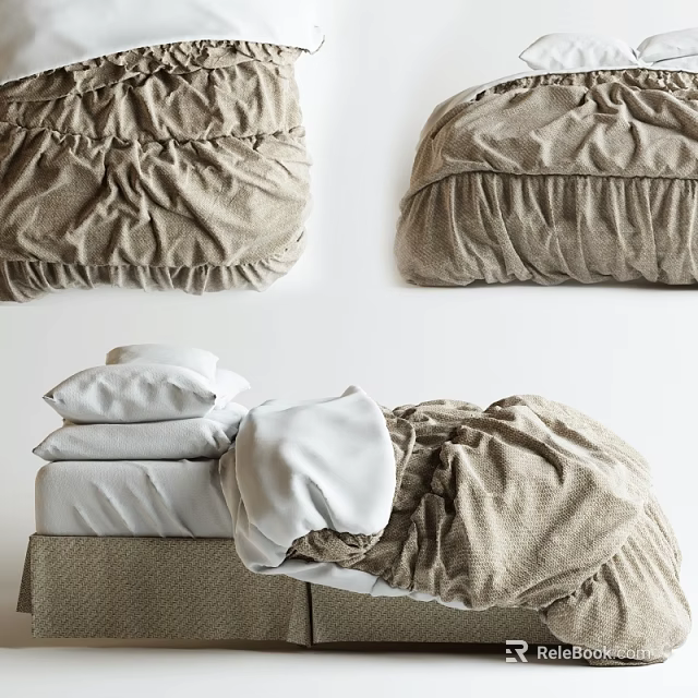 Double Bed With Soft Beige Rumpled Comforter And White Gray Pillows 3d model 