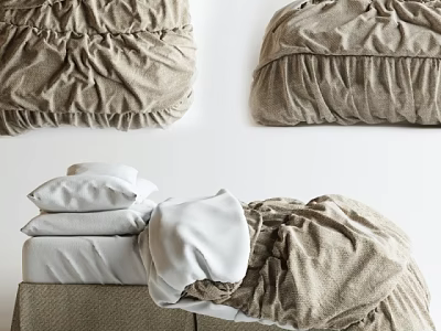 Double Bed With Soft Beige Rumpled Comforter And White Gray Pillows 3d model