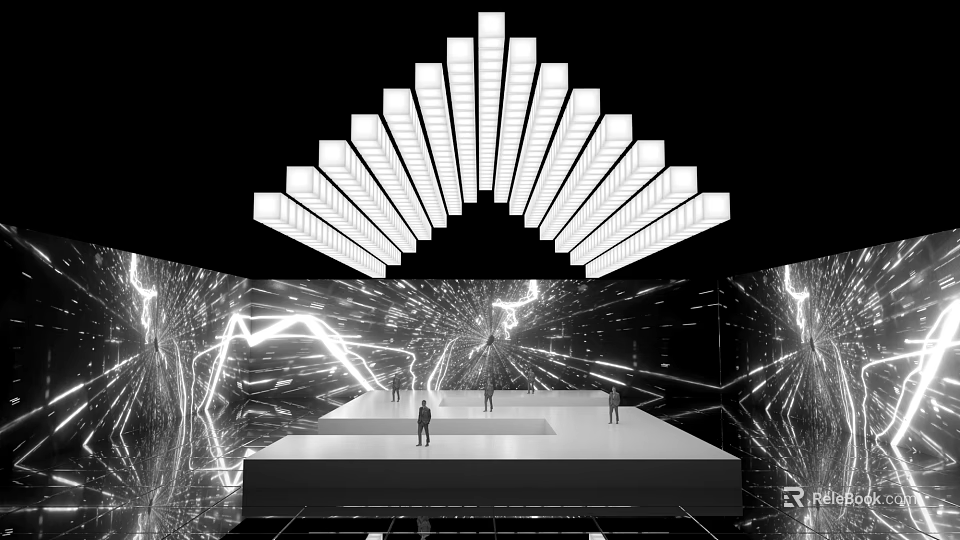 Geometric Light Installation With Platform And Human Figures In Modern Art Space 3d model