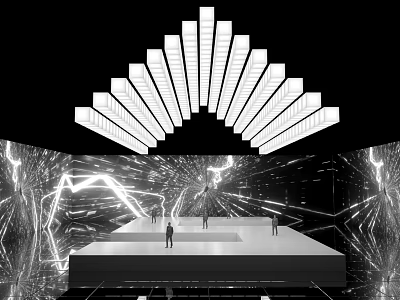 Geometric Light Installation With Platform And Human Figures In Modern Art Space 3d model