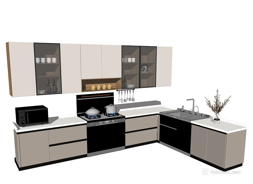 Modern Kitchen With Wall And Base Glass Door Cabinets White Countertop And Appliances 3d model 