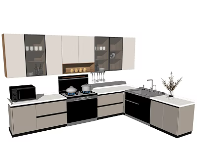Modern Kitchen With Wall And Base Glass Door Cabinets White Countertop And Appliances 3d model