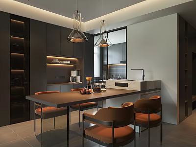Modern Restaurant Interior With Wooden Dining Table Metal Chairs Pendant Lights And Open Design 3d model