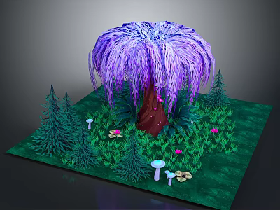Enchanted Forest Scene With Purple Willow Tree Green Pine Trees Grass Mushrooms And Small Flowers 3d model