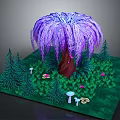 Enchanted Forest Scene With Purple Willow Tree Green Pine Trees Grass Mushrooms And Small Flowers