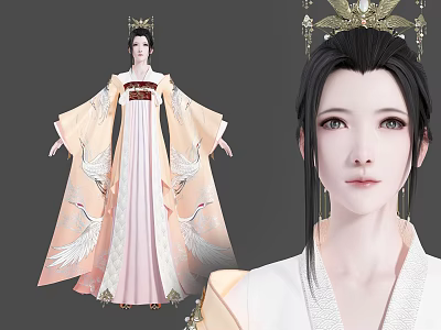 Exquisite Ancient Style Game Movie Female Character In Embroidered Robe With Golden Headdress And Long Hair 3d model