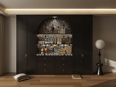 Modern Black Display Cabinet Shelf with Arch Design Geometric Background for Books Decorations Wooden Floor 3d model