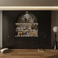Modern Black Display Cabinet Shelf with Arch Design Geometric Background for Books Decorations Wooden Floor