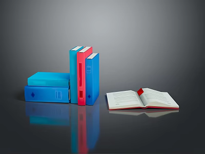 Vibrant Blue and Red Stacked Books with Open Page on Reflective Surface 3d model