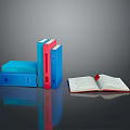 Vibrant Blue and Red Stacked Books with Open Page on Reflective Surface
