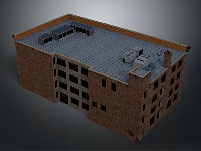 Red Brick Multi Story Building With Gray Roof And Roof Appliances And Windows 3d model