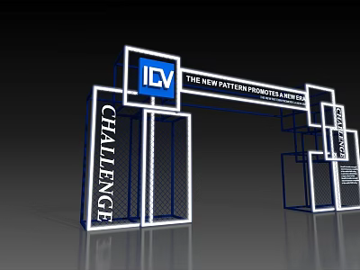 Modern Exhibition Arch Featuring ICV Logo Challenge Text And New Pattern Innovation Design 3d model