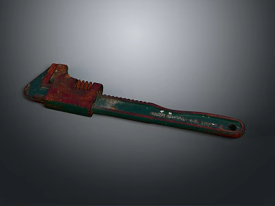 Vintage Rusty Red And Green Pipe Wrench Tool On Gray Gradient Background 3d model