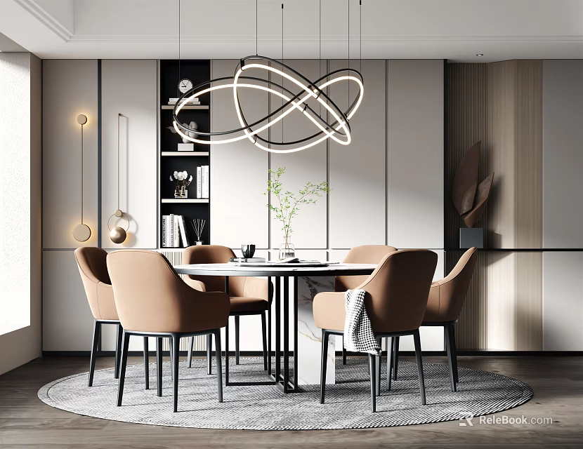 Modern Restaurant Interior With Round Dining Table Beige Chairs Pendant Light And Wall Decor 3d model