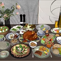 Abundant Assorted Food Platter with Turkey Crab Salad Rice and Fresh Juices on Dining Table