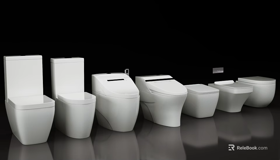 Multiple White Toilets Neatly Arranged Against Black Background With Reflective Floor 3d model