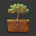 Decorative Potted Tree With Green Leaves Red Fruits And Visible Roots In Square Transparent Container