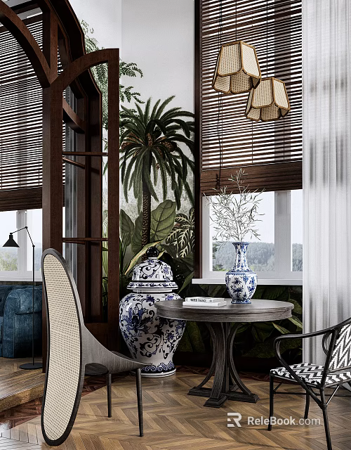 Home Balcony With Wooden Blinds Palm Tree Blue And White Vases Round Table Green Plants 3d model 