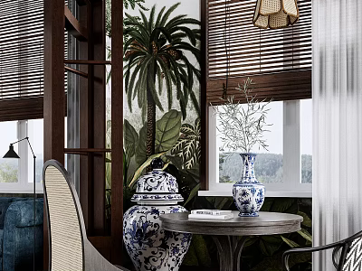 Home Balcony With Wooden Blinds Palm Tree Blue And White Vases Round Table Green Plants 3d model