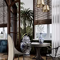 Home Balcony With Wooden Blinds Palm Tree Blue And White Vases Round Table Green Plants