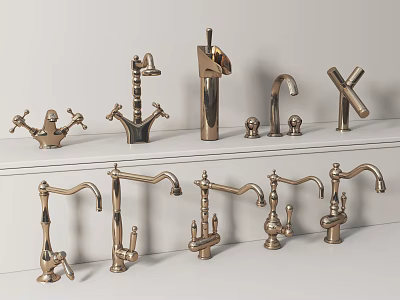 Various Decorative Brass Faucets Displayed In Different Styles On White Shelves 3d model