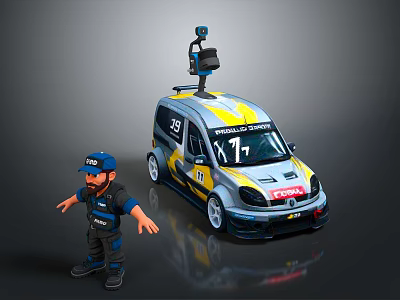 Small Car with Yellow Gray Livery Roof Mounted LIDAR Device and Standing Operator Character 3d model