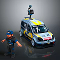 Small Car with Yellow Gray Livery Roof Mounted LIDAR Device and Standing Operator Character
