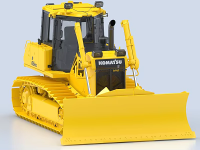 Yellow Komatsu Functional Vehicle With Bulldozer Blade Crawler Tracks And Cab 3d model