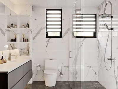 Modern Bathroom Interior Design With Marble Walls Glass Shower Vanity Toilet And Windows 3d model