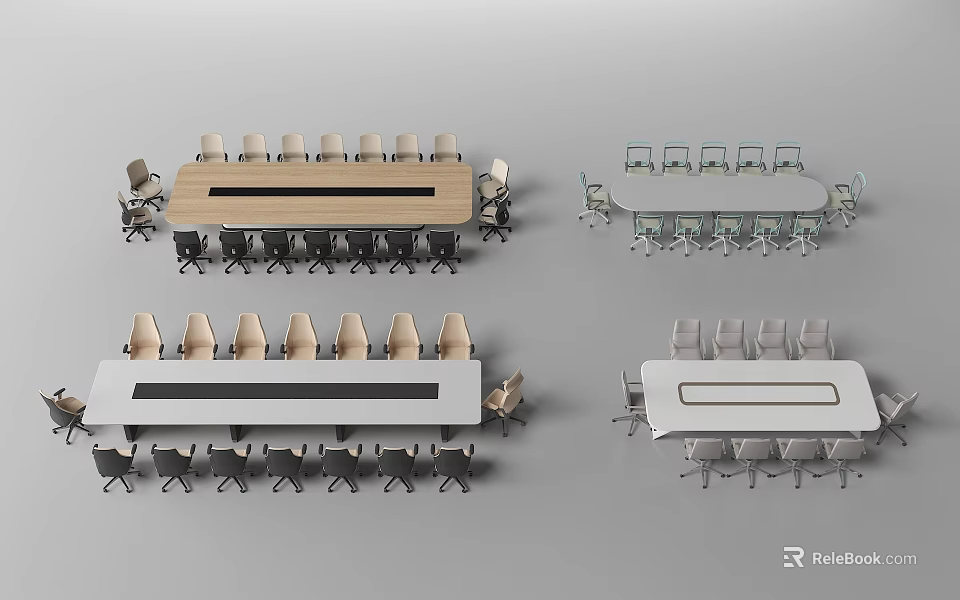 Different Styles Office Desks With Long Tables And Chairs In Various Colors 3d model 