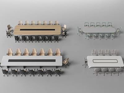 Different Styles Office Desks With Long Tables And Chairs In Various Colors 3d model
