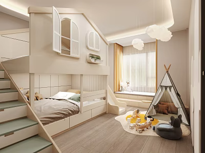 Bright Kids Room Interior With Bunk Bed Stairs Window Seat And Teepee Tent 3d model