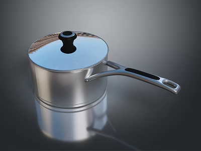 Silver Cooking Pot With Black Lid And Ergonomic Handle Reflective Surface 3d model