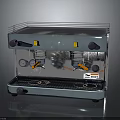 Stainless Steel Espresso Machine With Dual Spouts Transparent Cover Pressure Gauges And Control Knobs