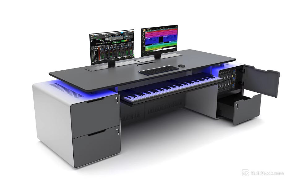 Modern Functional Desk with Dual Monitors Music Keyboard Drawers and Blue LED Lights 3d model 