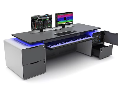 Modern Functional Desk with Dual Monitors Music Keyboard Drawers and Blue LED Lights 3d model