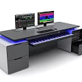 Modern Functional Desk with Dual Monitors Music Keyboard Drawers and Blue LED Lights