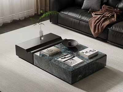 Sleek Coffee Table With Blue Marble Top Green Plant And Books On Light Carpet 3d model