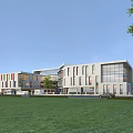 Modern School Building Exterior With Glass Windows Colorful Vertical Stripes Green Lawn And Students