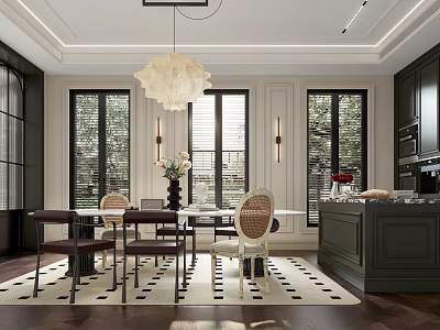 Elegant Modern Restaurant Interior With Dining Table Chairs Pendant Light Green Plants And Large Windows 3d model