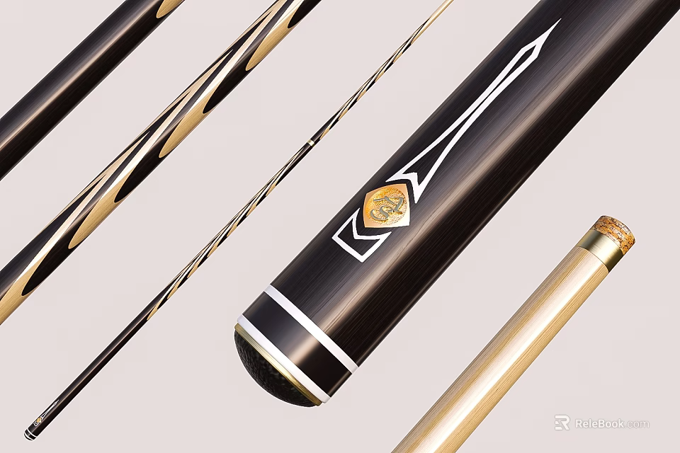 Elegant Billiard Room Showcasing Stylish Black Pool Cues With Intricate Gold Accents 3d model 