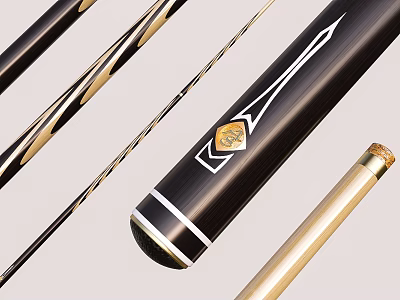 Elegant Billiard Room Showcasing Stylish Black Pool Cues With Intricate Gold Accents 3d model